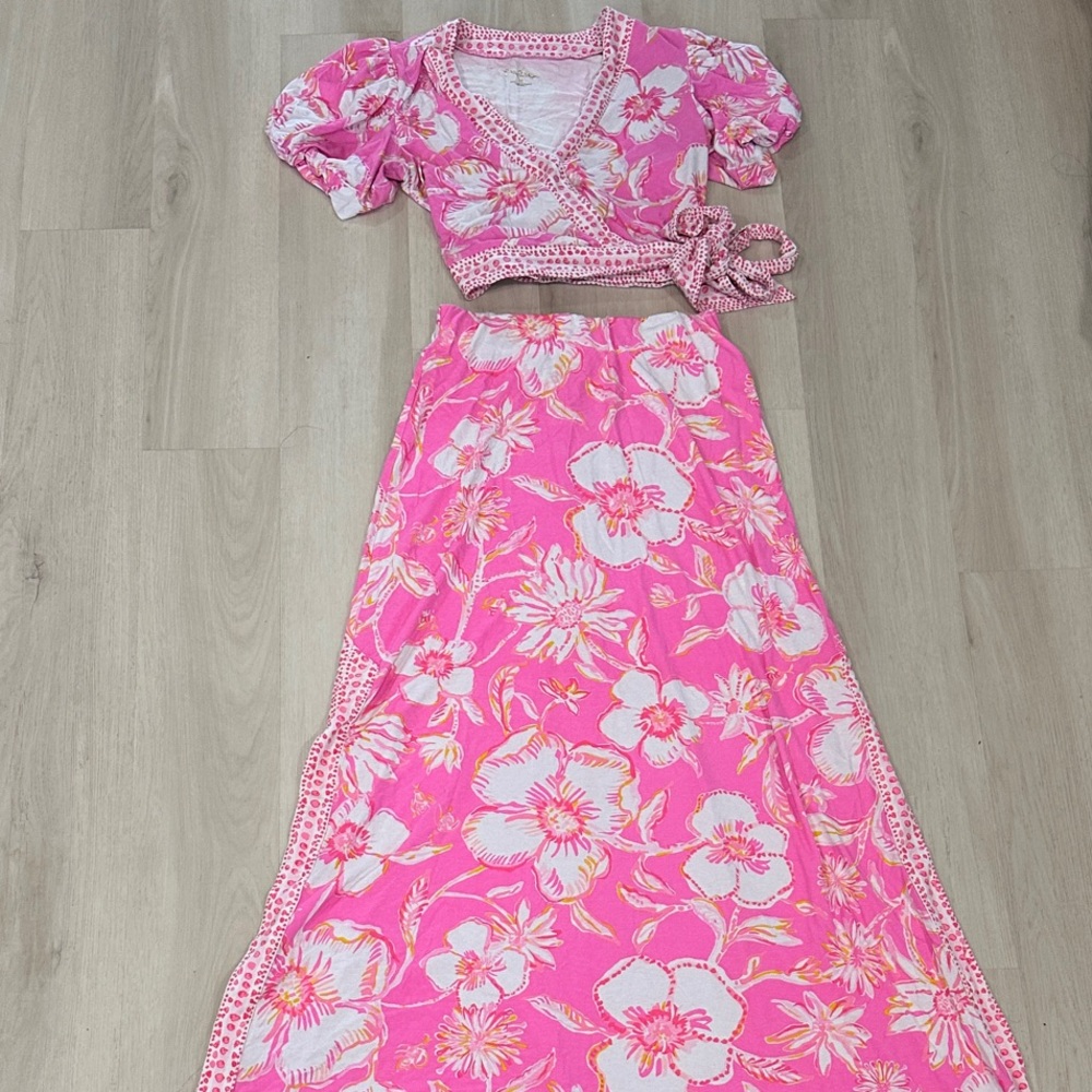 Lilly Pulitzer Sailynn Pink Floral Maxi Dress top and skirt set sz medium